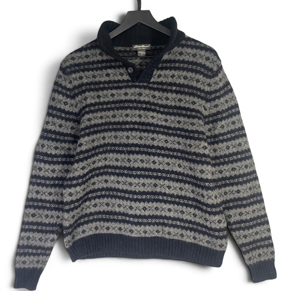 Vintage 1990s Eddie Bauer Mens M Wool Fair Isle Henley Sweater Gray Black